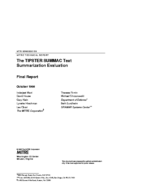 The TIPSTER SUMMAC Summarization Evaluation Final Report